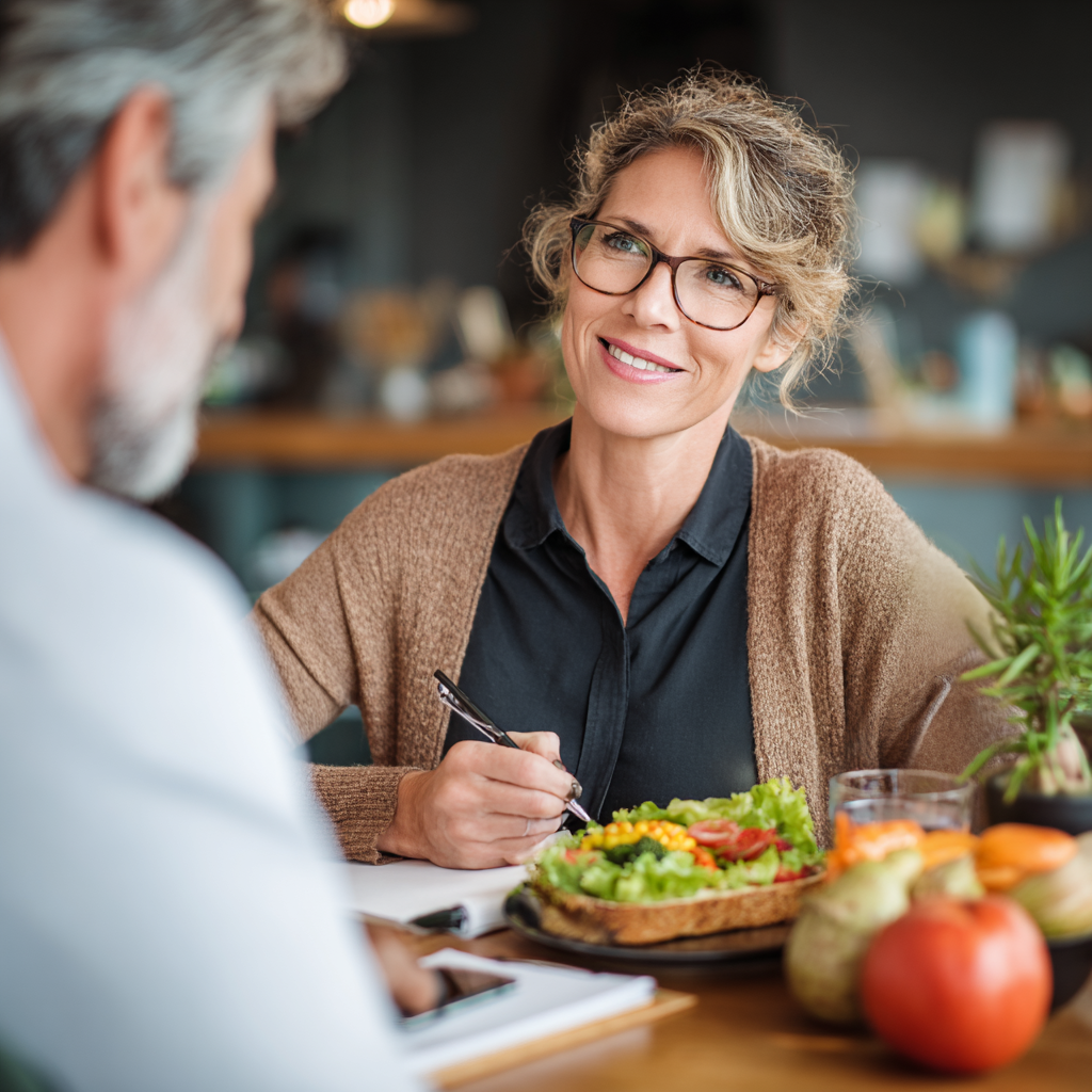 Mature nutritionist consulting with middle-aged client about healthy meal planning