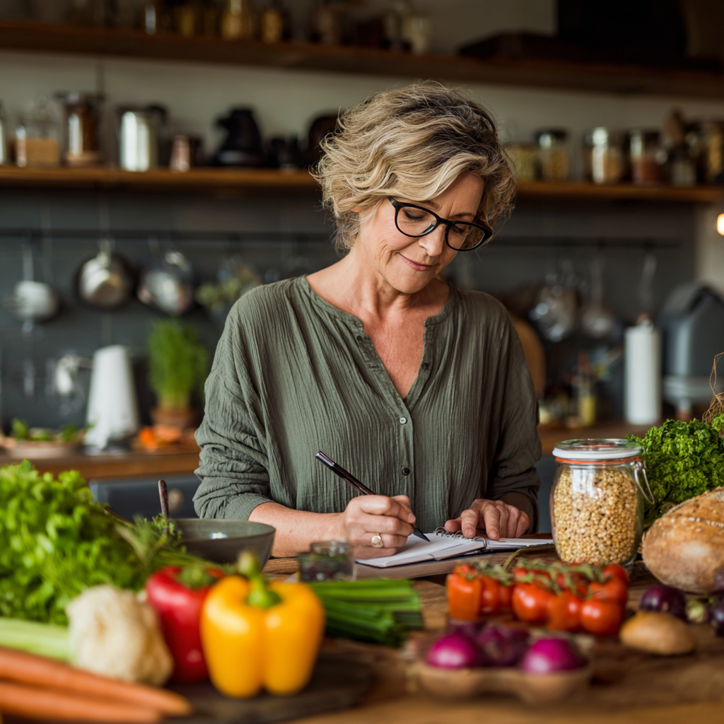 Middle-aged woman planning nutritious meals with fresh vegetables and grains